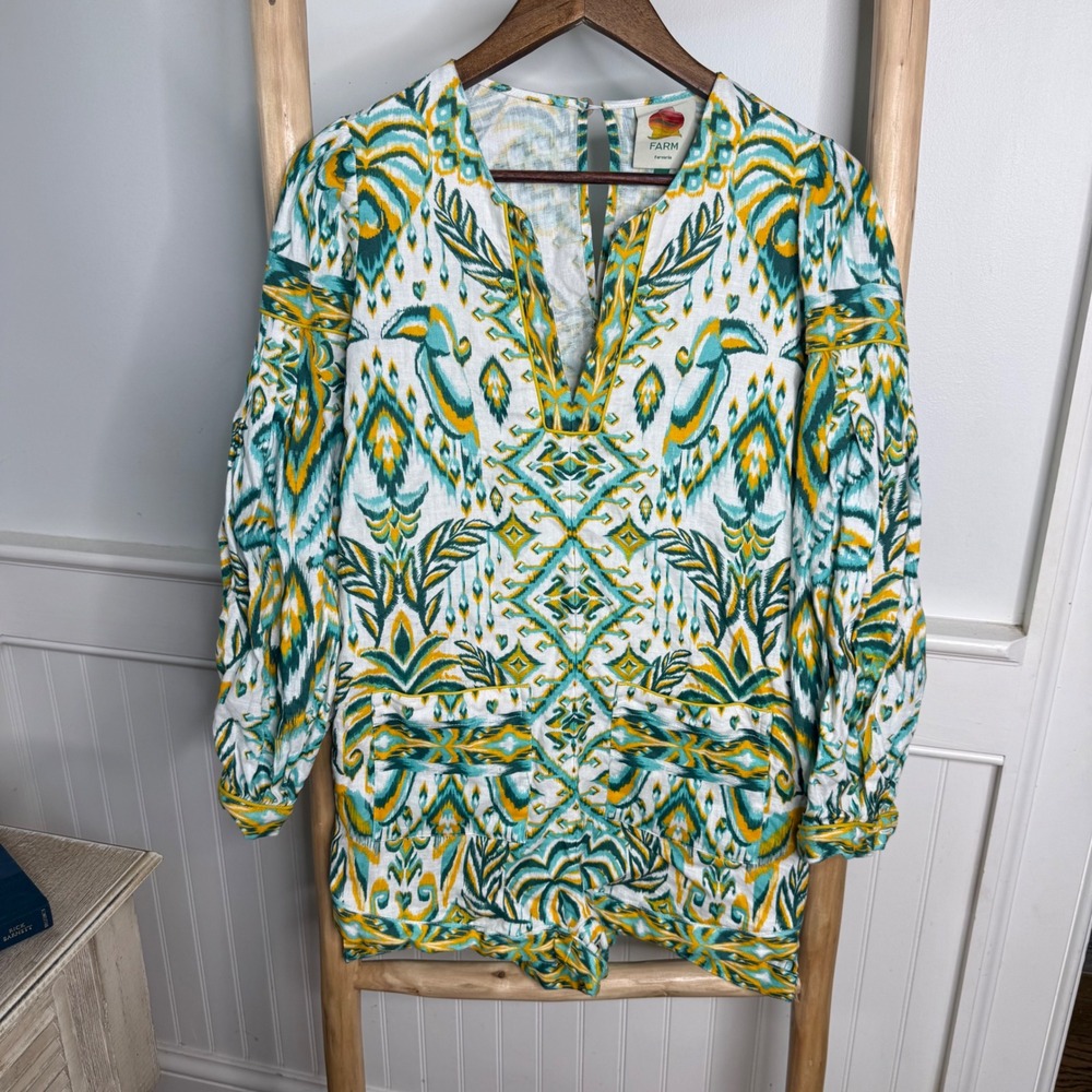 Farm Rio Women XXS Teal Yellow Tropical Ikat Toucan Pineapple Linen Romper